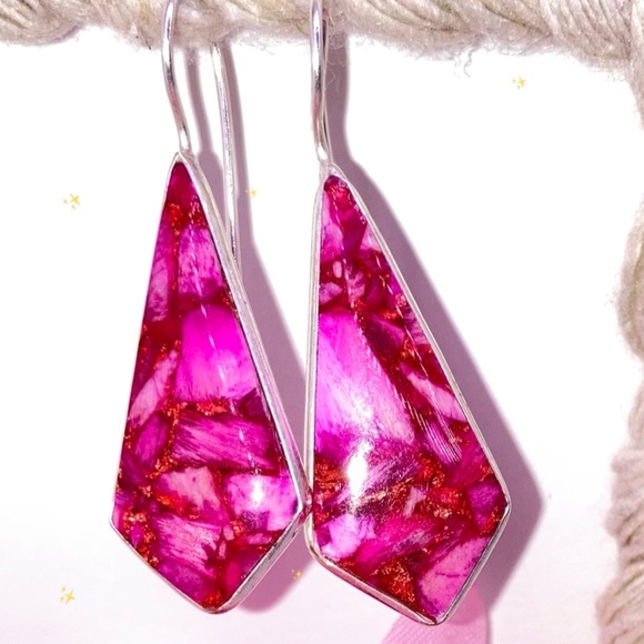 Copper Pink Scolecite Gemstone Handmade Dangle Earrings - Picture 3 of 4